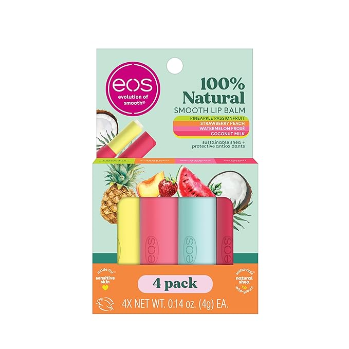 eos 100% Natural Variety Pack Lip Balm Sticks, Coconut Milk, Watermelon Frose, Pineapple Passionfruit, & Strawberry Peach, Lip Care, Pack of 4-VivaGrace Women