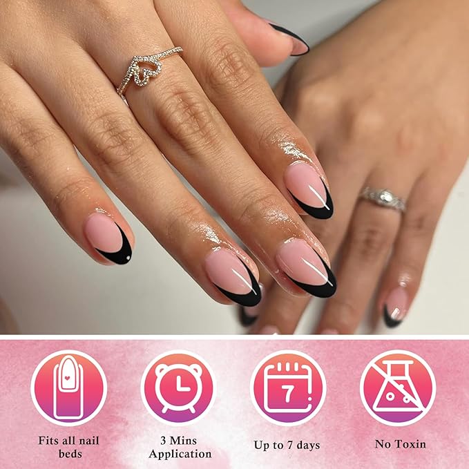 AddFavor French Tip Press on Nails Short Oval Fake Nails, 120pcs Black French Tips Nails Press on Medium Almond False Acrylic Nails for Women and Girls