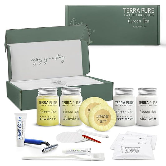 Terra Pure Green Tea Amenity & Accessory Kit | 1 oz Travel Size Shampoo, Conditioner, Lotion, Body Wash, 2 Soap Bars, Shave & Dental Sets, Make-Up Remover Wipes, & Vanity Kit | 1 set per case-VivaGrace Women