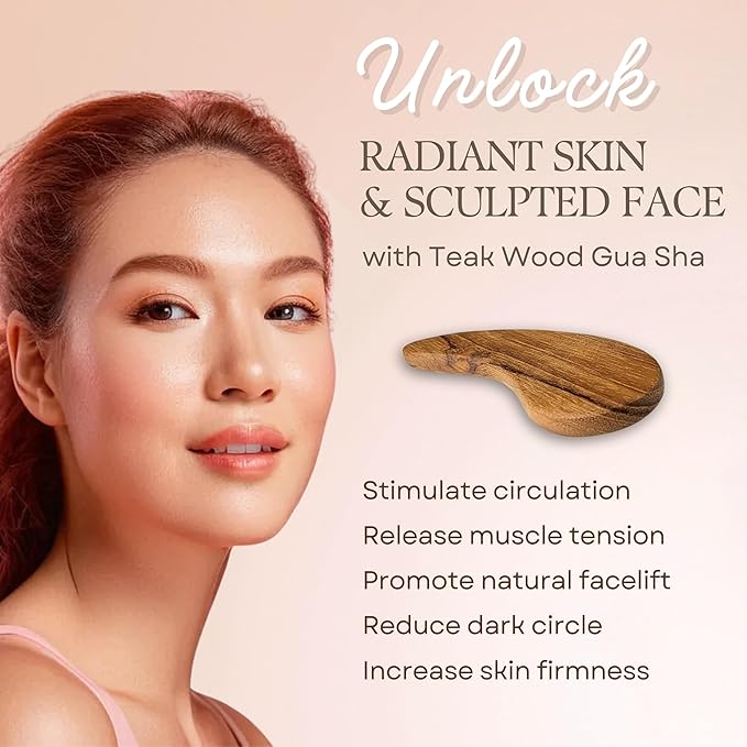 Teak Wood Gua Sha Facial Tool for Face and Body Massage, Anti-Aging Reduce Puffiness Wrinkles Shape Jawline Skincare Routine Treatment, Wooden Gua Sha Massager with Travel Pouch for Gift Set-VivaGrace Women