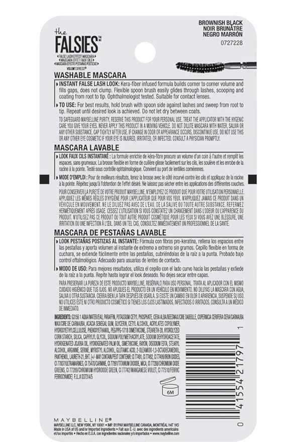 Maybelline Volum' Express The Falsies Washable Fiber Mascara, Volumizing and Separating Make Up Formula, Brownish Black, 1 Count