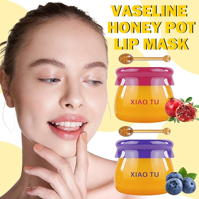2PCS Lip Balm Honey Pot,Moisturizing Lip Sleep Mask,Prevention Dry and Cracked Overnight Sleeping Lip Mask with Brush,Reduces Lip Lines Long Lasting Hydrating Lip Care Scrubs Exfoliator-VivaGrace Women