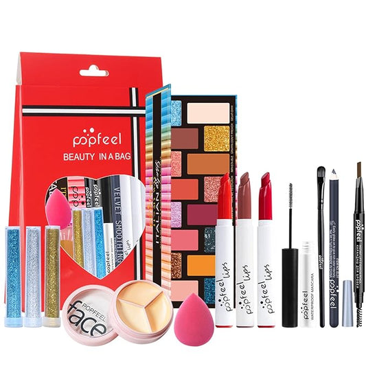 All in One Makeup Kit, Full Starter Essential Makeup Kit for Women Beginners Includes Eyeshadow Palette Lipstick Mascara Eyeliner Eyebrow Pencil Concealer Powder Puff Set-VivaGrace Women