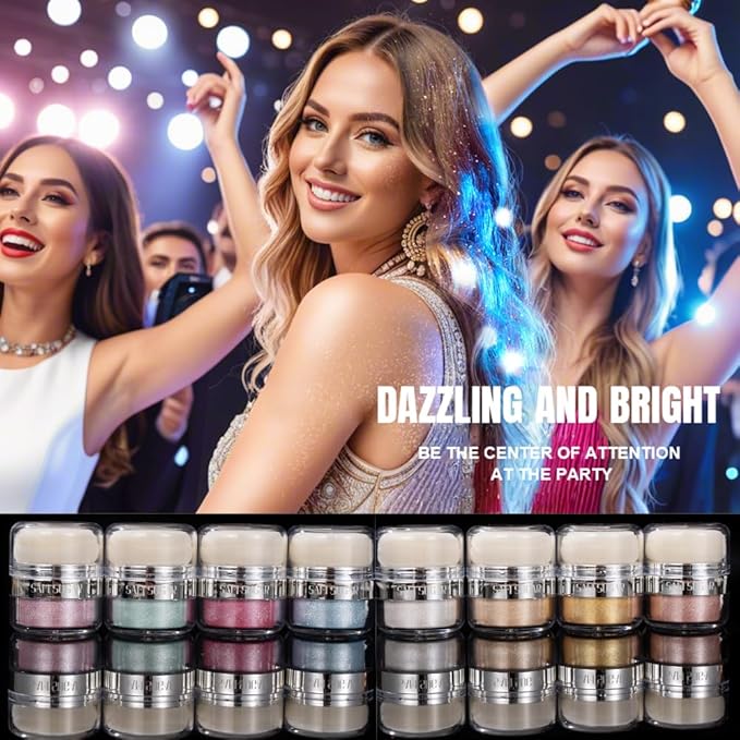 Glitter Body Highlighter Powder Body Shimmer Sparkle Face Brightening Highlighter Powder for Face Eyes Body Glow Makeup With sponge head（03#）-VivaGrace Women