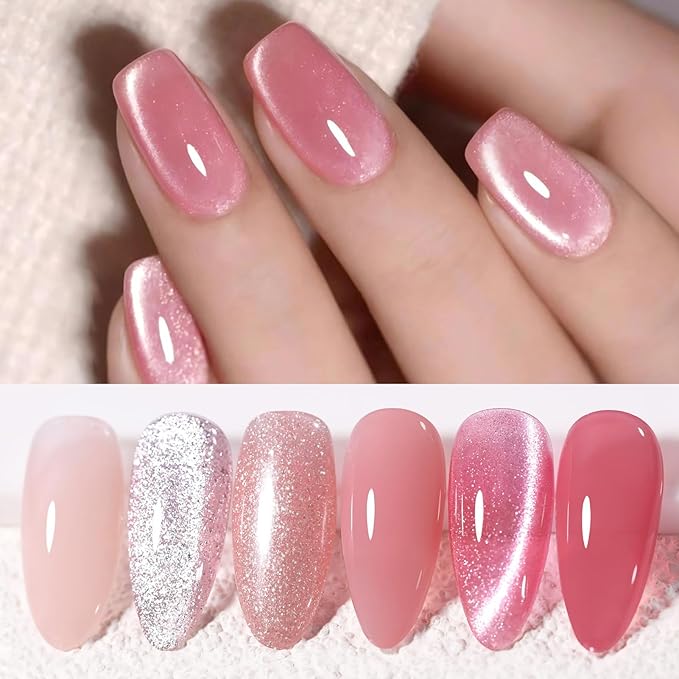 Born Pretty Gel Nail Polish Pink Nude Series,Jelly Transparent,Cat Magnetic Eye,Shimmer Glitter Holographic Pink Nude Gel Polish Kit for Salon Manicure and Nail Art DIY at Home 6Colors-VivaGrace Women