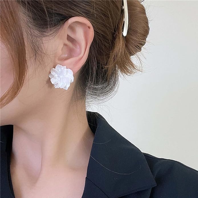 Unique Large White Flower Earrings Studs Vintage Acrylic Floral Petal Earrings Statement French Camellia Flower Earrings Studs Bridal Wedding Prom Earrings Jewelry for Women-VivaGrace Women