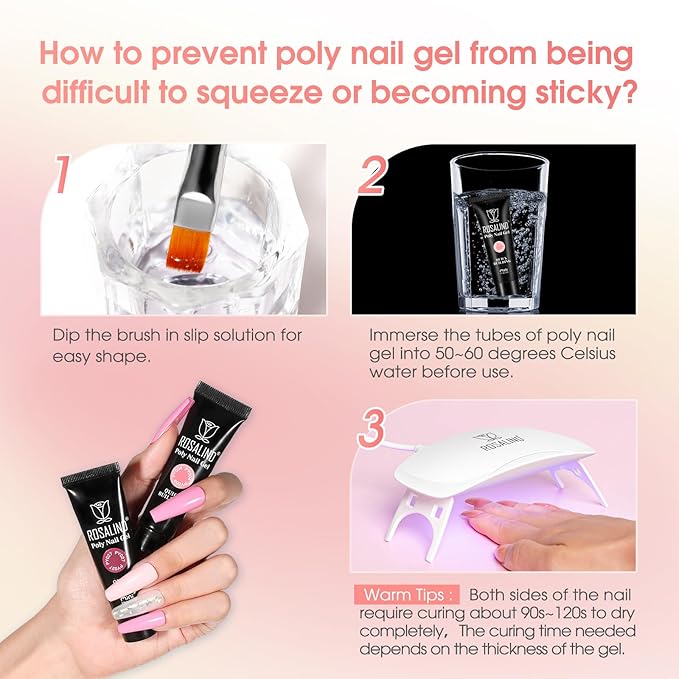 ROSALIND 28 Colors Poly Nail Gel Kit with Mini U V/LED Lamp White Nude Poly Nails Gel Kit Starter Kits With Slip Solution Pink Extensions Set for Nail Manicure Beginner-VivaGrace Women