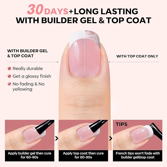 modelones French Tip Press on Nails, Short Square Fake Nails with Nail Box, Pink & White Gel Nail Tips for Women, Soft Glue-On Nails for Natural Salon Look, DIY Nail Art Kit-VivaGrace Women