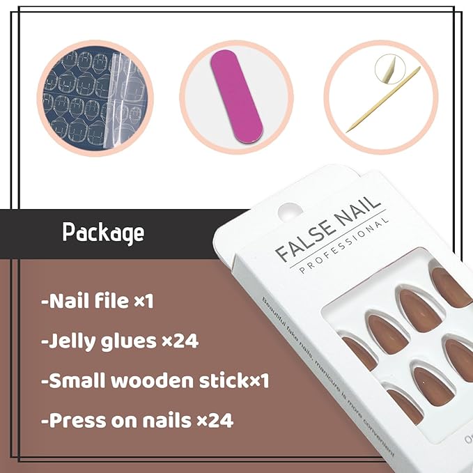 Brown Press on Nails Medium Almond Fake Nails with Designs Glossy Stick on Nails Full Cover False Nails Glue on Acrylic Nails for Women and Girls