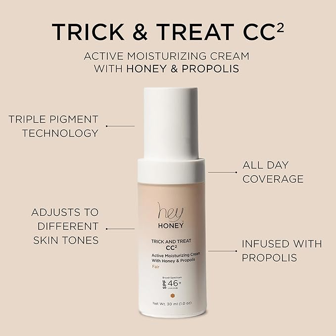 Hey Honey Trick and Treat CC² Cream SPF 46 | Active Moisturizing Color Correcting Cream with Honey & Propolis | Best Cover For Rosacea, Skin Redness & Mature Skin | Cruelty-Free | 1 oz (Fair Tone)-VivaGrace Women