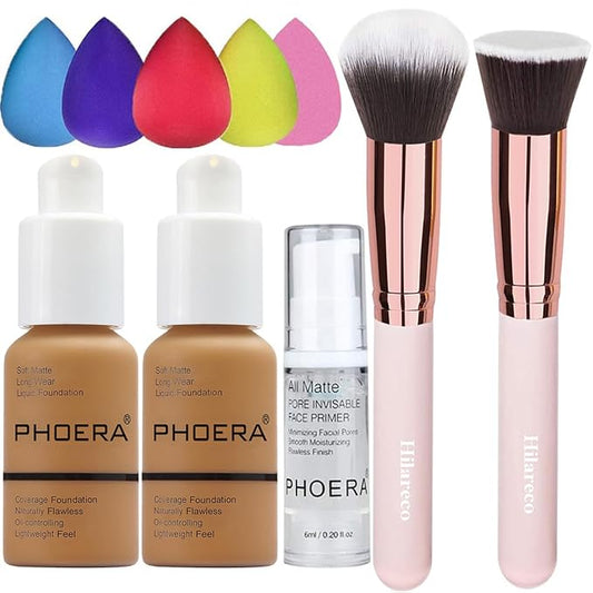 PHOERA Foundation Makeup for Wome Full Coverage Foundation Set,Face Primer Foundation Brush Powder Brush,5 Makeup Sponge,30ml PHOERA 24HR Matte Oil Control Concealer (111 Chestnut)-VivaGrace Women