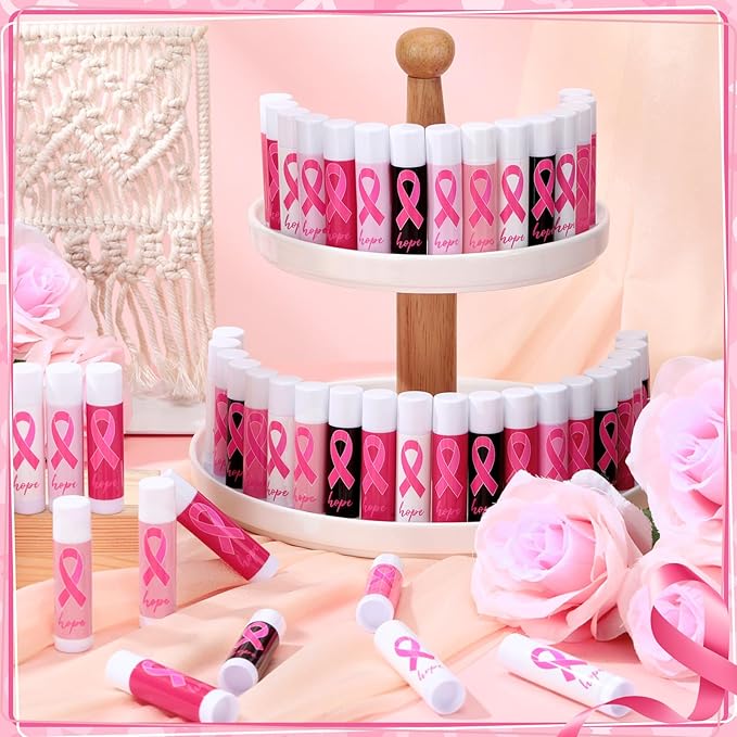 50 Pack Breast Cancer Awareness Favors Bulk Lip Balms Gifts Pink Ribbon Lip Balms Favors Breast Cancer Awareness Month Accessories Support Party Items Decorations for Women Men Survivors-VivaGrace Women