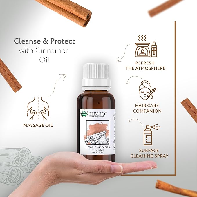 HBNO Organic Cinnamon Leaf Essential Oil - 1 oz (30ml) Travel Size - USDA Certified Organic Cinnamon Essential Oil, Perfect for Aromatherapy, Soap Making, DIY, Fragrances, Diffuser.-VivaGrace Women