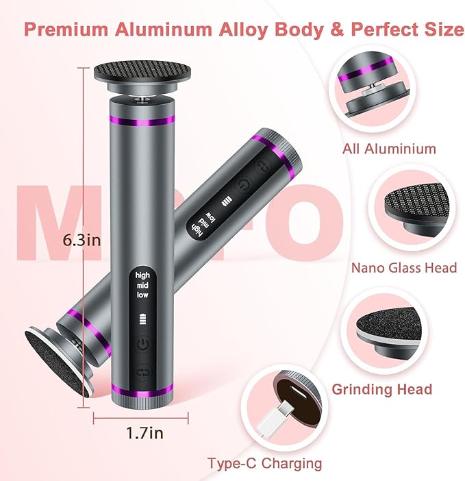 Electric Callus Remover for Feet, 3 Speeds Electric Foot Callus Remover with Powerful Brushless Motor, 2600mAh Runs for 7Hours, Washable Nano Glass Head, 60 Pcs Sandpaper Discs, Gift for Women & Men-VivaGrace Women