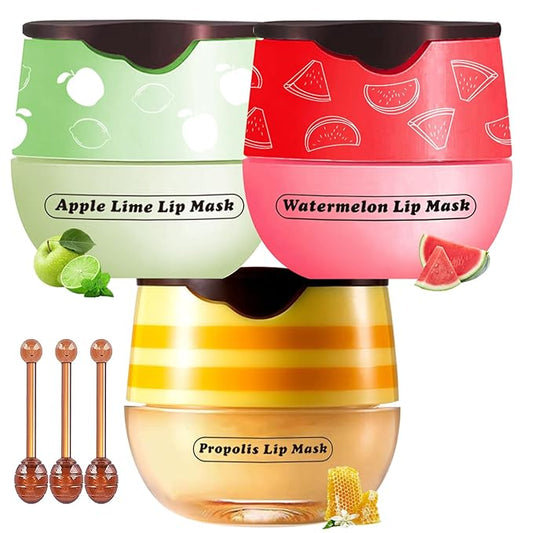 Honey Lip Balm Pot, 3 Pcs Honey & Apple Lime & Watermelon Lip Mask Propolis Lip Mask Moisturizing Hydrating Prevention Dry and Cracked Lip Scrubs Exfoliator-VivaGrace Women
