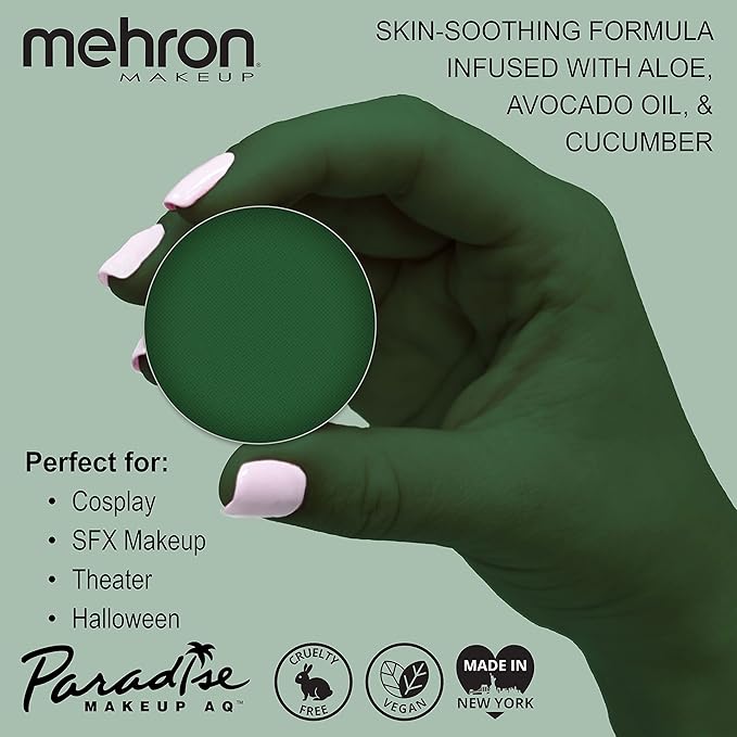 Mehron Makeup Paradise Makeup AQ Refill Size | Stage & Screen, Face & Body Painting, Cosplay, and Halloween | Water Activated Face Paint, Body Paint, Cosplay Makeup .25 oz (7 ml) (DARK GREEN)-VivaGrace Women