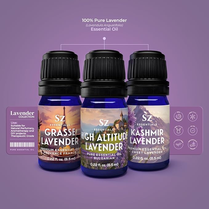 Lavender Essential Oils Collection - Grasse Lavender + High Altitude + Kashmir - Set of 3 Bottles (0.22 Fl Oz - 6.5ml Each)- 100% Pure, Natural & Undiluted - Therapeutic Grade & Vegan-VivaGrace Women