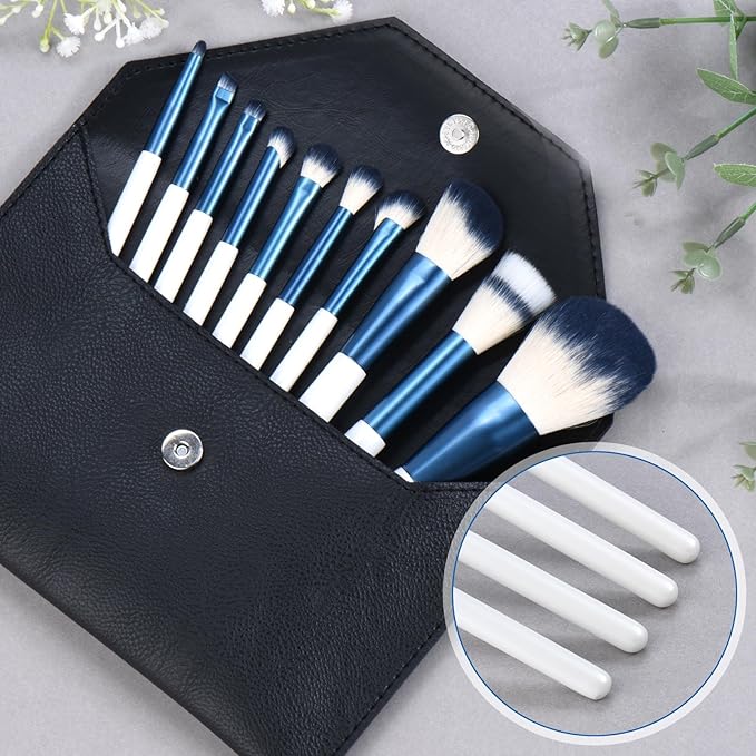 Makeup Brushes Set With Case 10Pcs White Makeup Brush Kit Foundation Eyeshadow Powder Blending Kabuki Eyebrow Eyelash Brushes Cosmetic Brush Travel Kit Gift (White+Blue)-VivaGrace Women