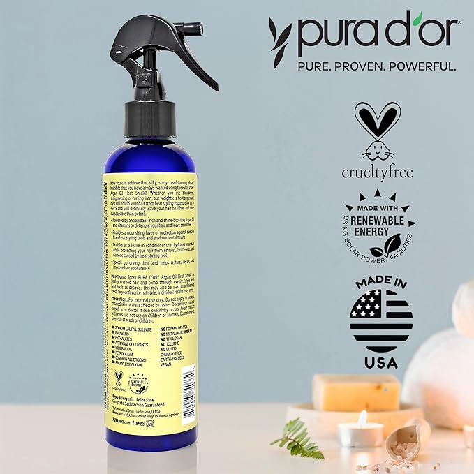 PURA D'OR 8 Oz Argan Oil Heat Shield Protectant Spray with Select Organic Ingredients, Protects Up To 450º F From Flat Iron & Hot Blow Dry, Leave-In, Define & Shine Dry & Damaged Hair-VivaGrace Women