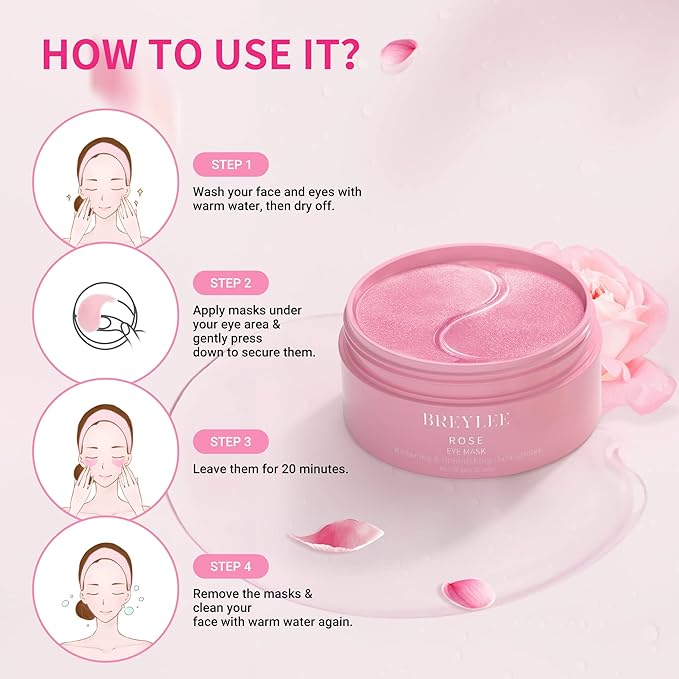 BREYLEE Pink Rose Eye Mask– 60 Pcs - Puffy Eyes and Dark Circles Treatments – Look Younger and Reduce Wrinkles and Fine Lines Undereye, Improve and Firm eye Skin - Pure Natural Material Extraction-VivaGrace Women
