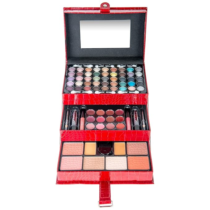 SHANY All In One Makeup Kit (Eyeshadow, Blushes, Face Powder, Lipstick, Eye liners, Makeup Pencils and Makeup Mirror - Makeup Set With Reusable Makeup Storage Box - Red-VivaGrace Women