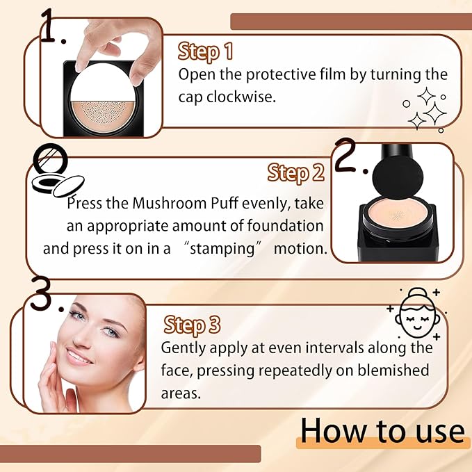 Mushroom Head Air Cushion CC Cream Foundation Makeup,Moisturizing Non-Greasy BB Cream Foundation,Long Lasting Matte Concealer Full Coverage Face Makeup Liquid Foundation for All Skin Types(Ivory)-VivaGrace Women