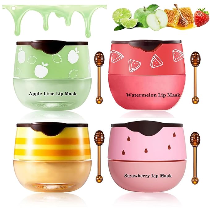 4Pcs Honey Lip Balm Honey Pot Strawberry & Propolis Balm Honey Lip Mask Hydrate Moisturizing Repair Prevent Lip Care Moisturizing Lip Balm Set-VivaGrace Women