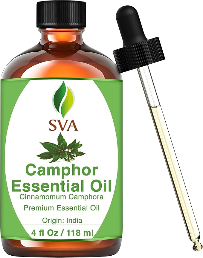 SVA Camphor Essential Oil – 4 Fl Oz – 100% Natural Camphor Oil - for Diffuser, Hair Care, Face, Skin Care, Aromatherapy, Scalp and Body Massage, Soap and Candle Making – with Dropper-VivaGrace Women