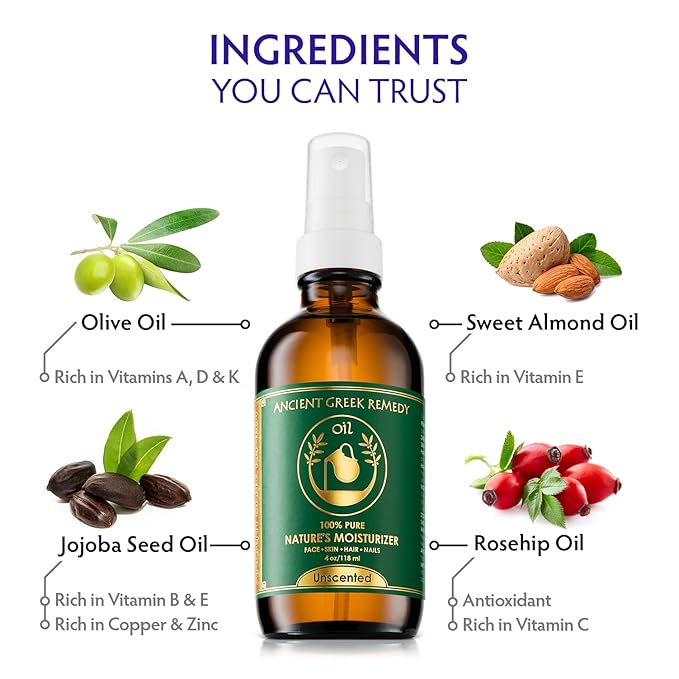 Ancient Greek Remedy - Hydrating Face Oil for Women - Anti-Aging Serum with Organic Jojoba, Rosehip, Sweet Almond, Olive, and Vitamin E - Fast Absorbing Body Oil for Dry Skin - Fragrance Free, 4 fl oz-VivaGrace Women