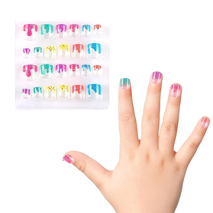 Kids Press on Nails Children Fake Nails 72PCS Artificial Nail Tips Adhesive Full Cover Short False Fingernails for Girls Kids Nail Decoration (Starry Heart Ice Cream)