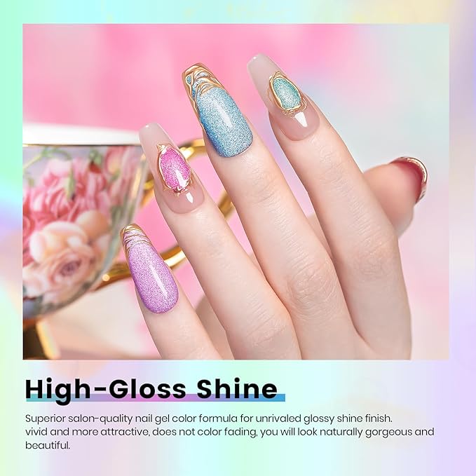 RARJSM Neon Diamond Cat Eye Gel Nail Polish Set 6 Colors Velvet Silver Glitter Bright Green Lake Blue Red Rose Purple Gel Polish with Magnet Stick UV LED Curing Requires Soak Off Home Salon Diy-VivaGrace Women