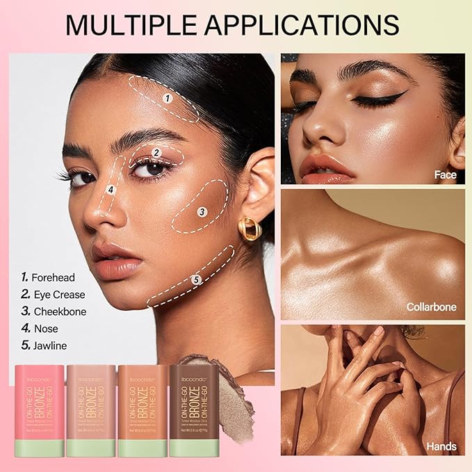 On-The-Go Bronzer Stick,Multi-Use Cream Contour Stick,Natural Long Lasting Face Bronzer,Smooth Highlighter Contour Stick,Bronze Contour Makeup Facial Shaping,02 Soft Glow-VivaGrace Women