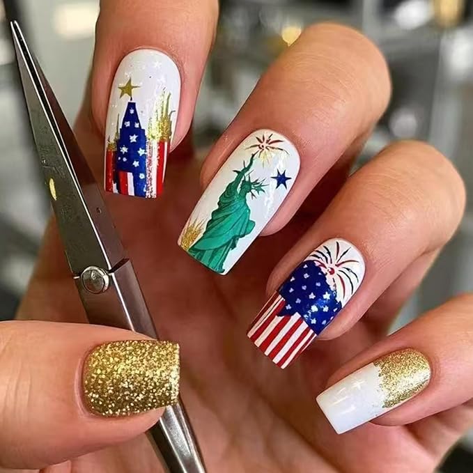 Independence Day Press on Nails Medium Square Fake Nails with Red Blue American Flag Fireworks Design Gold Glitter False Nails Full Cover 4th of July Glue on Nails for Women Girls Manicure 24Pcs