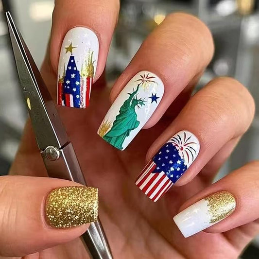 Independence Day Press on Nails Medium Square Fake Nails with Red Blue American Flag Fireworks Design Gold Glitter False Nails Full Cover 4th of July Glue on Nails for Women Girls Manicure 24Pcs