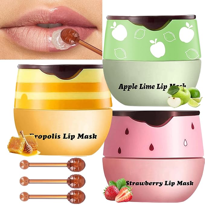 3 PCS Lip Balm Honey Pot, Honey Apple Strawberry Lip Masks Overnight, Propolis Moisturizing Lip Sleeping Mask, Prevention Dry Crack Lip Repair Nourishes the Lip Skin and Lip Wrinkle Care.-VivaGrace Women