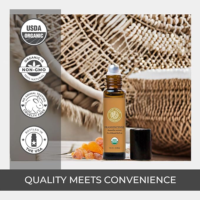 Silk Road Organic Frankincense Carterii Essential Oil Roll On, 100% Pure USDA Certified Aromatherapy for Radiant Skin, Body Aches, Stress Relief, & Calm - 10 ml Roller-VivaGrace Women