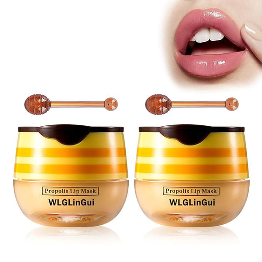 2PCS Bee Lip Balm Honey Pot,Hydrating Lip Moisturizer Cute Honey Pot Lip Balm Lip Scrubs Exfoliator with Wand,Moisturizing Exfoliating Overnight Propolis Lip Sleeping Mask for Men & Women-VivaGrace Women