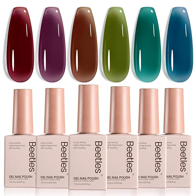 Beetles Jelly Gel Nail Polish Set - 6 Colors Mocha Brown Burgundy Red Purple Green Blue Fall Gel Polish Kit Sheer Translucent Effect Soak Off UV Midnight Syrup Nail Art Manicure Gift for Women-VivaGrace Women