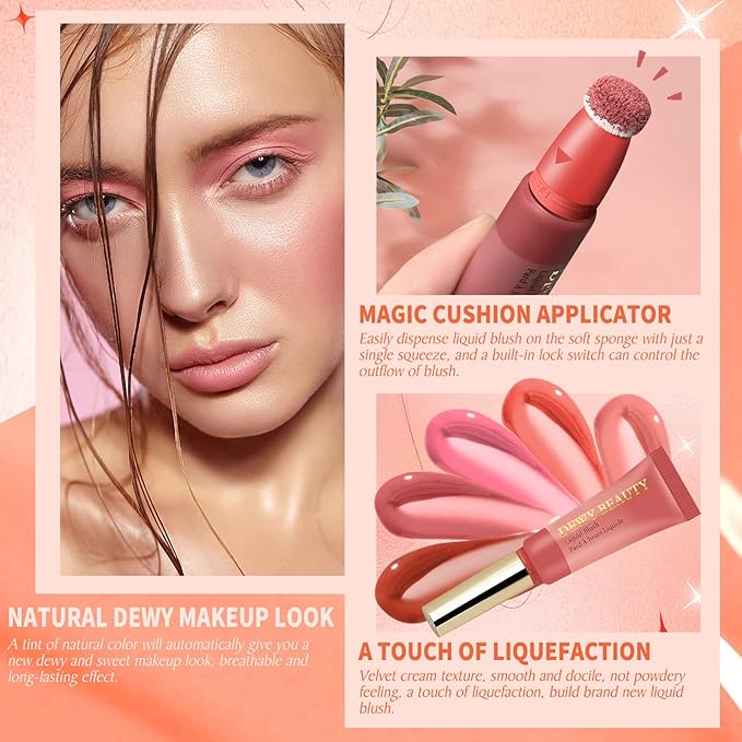 Liquid Blush Makeup Wand, Cream Liquid Blush with Cushion Applicator For Cheeks Tint, Natural-looking, Glow Dewy Finish, Weightless Blendable Liquid Blush Stick | #102 ENERGETIC-Coral Orange-VivaGrace Women