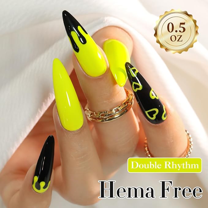 Double Rhythm 0.50 OZ Gel Polish Hema Free Same Color Same Bottle Golden Round Translucent Neutral Natural Milky 15 ML Jelly UV Polish Art DIY at Home (Neon Yellow-C1043)
