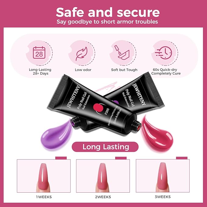 JEWHITENY 28 Colors Poly Nail Gel Kit with Base Top Coat Purple Blue Yellow Nude Pink Glitter Shades Quick-Dry for Beginners DIY Need U V Lamp Curing-VivaGrace Women