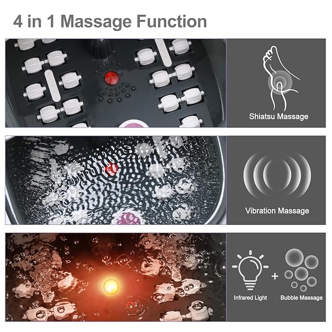 Foot Spa Bath Massager with Heat Bubbles and Vibration Massage and Jets, 16 OZ Calming Lavender Foot Soak Epsom Salt, Foot Soaker with Red Light, 22 Massage Rollers, Adjustable Temp - Grey-VivaGrace Women