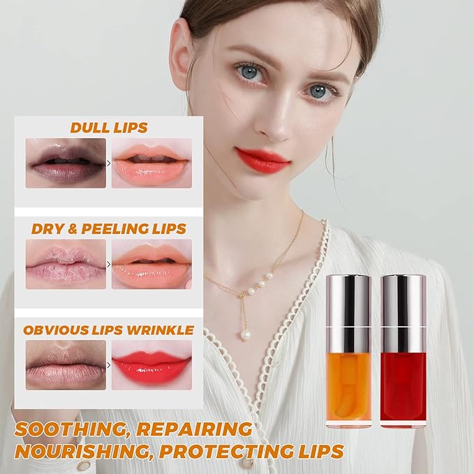 Lip Glow Oil Set, 2 Pcs Comforts Plumping Lip Oil, Refreshes Hydrating Lip Gloss Oil, Non-sticky Lip Plumper Gloss, Nourishing Lip Oil Tinted Lip Balm Lip Care, Soothes Tinted Lip Oil For Dry Lip-VivaGrace Women