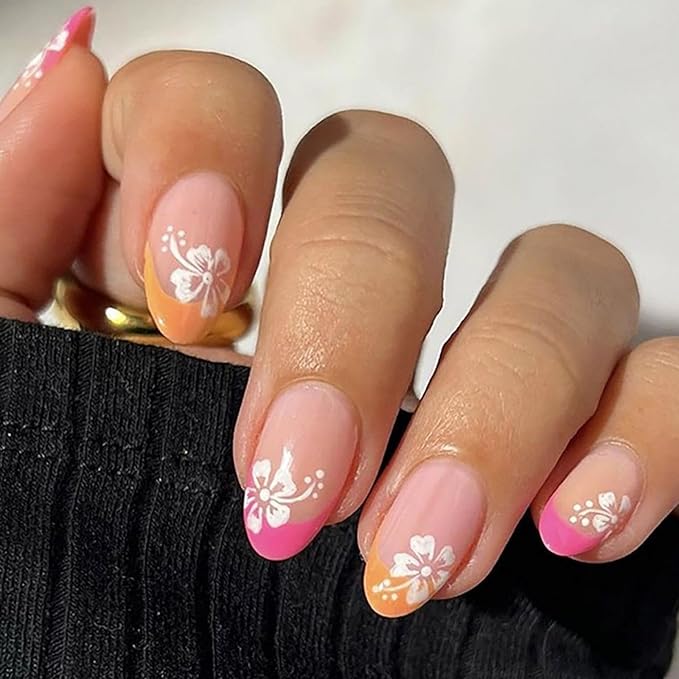Pink Orange French tips Press on Nails Medium Almond Fake Nails with Design White Flower Glue on Nails Glossy Spring Nails Reusable Summer False Nails for Women Girls Manicure 24pcs