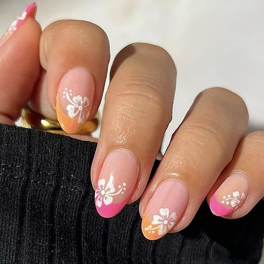 Pink Orange French tips Press on Nails Medium Almond Fake Nails with Design White Flower Glue on Nails Glossy Spring Nails Reusable Summer False Nails for Women Girls Manicure 24pcs