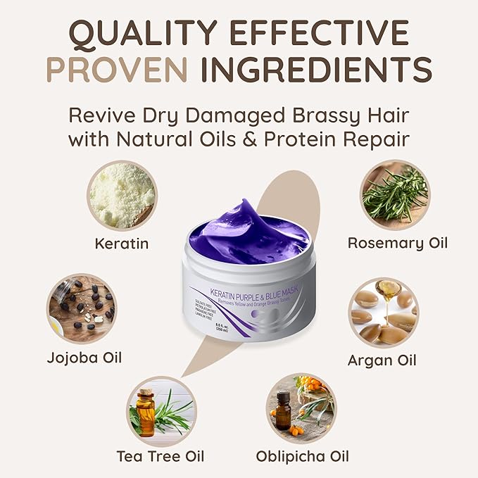 VITAMINS hair cosmetics Keratin Purple Hair Mask - Violet Blue Protein Deep Conditioner Treatment - Toner for Blonde Platinum Silver Gray Ash or Brown Colored Dry and Damaged Brassy Hair-VivaGrace Women