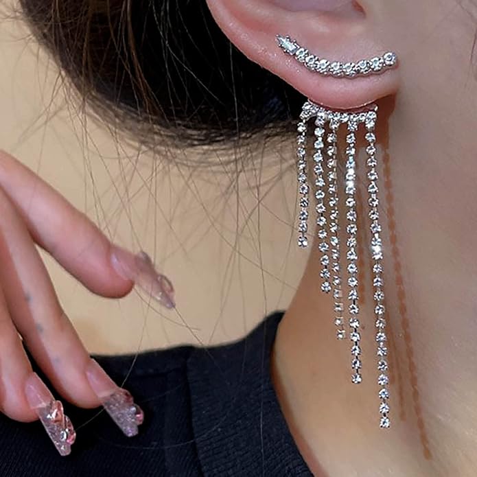 Vintage Rhinestone Chandelier Drop Earrings Crystal Ear Climber Earrings Long Tennis Chain Earrings Silver Cz Tennis Chain Tassel Earrings Jewelry for Women-VivaGrace Women