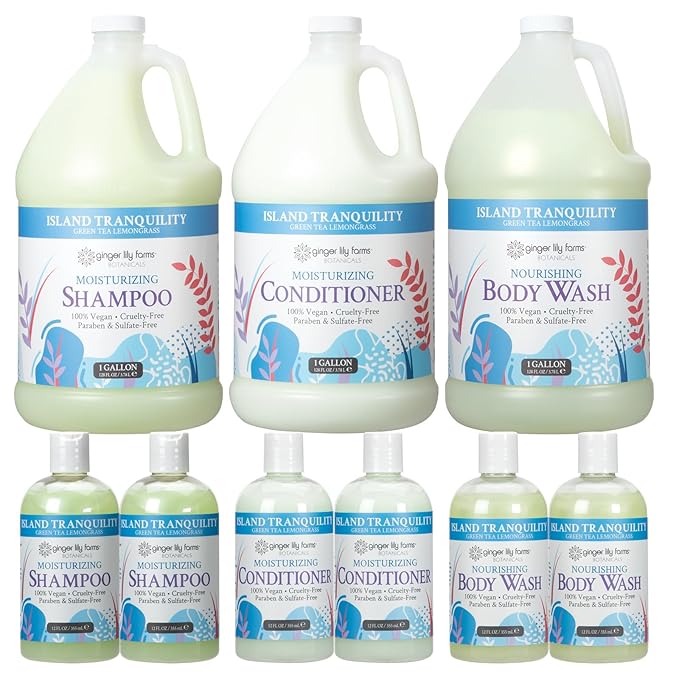 Ginger Lily Farms Botanicals Hospitality Kit, Island Tranquility, 9-Pc Set Includes Shampoo, Conditioner & Body Wash, 100% Vegan & Cruelty-Free, Green Tea Lemongrass Scent-VivaGrace Women