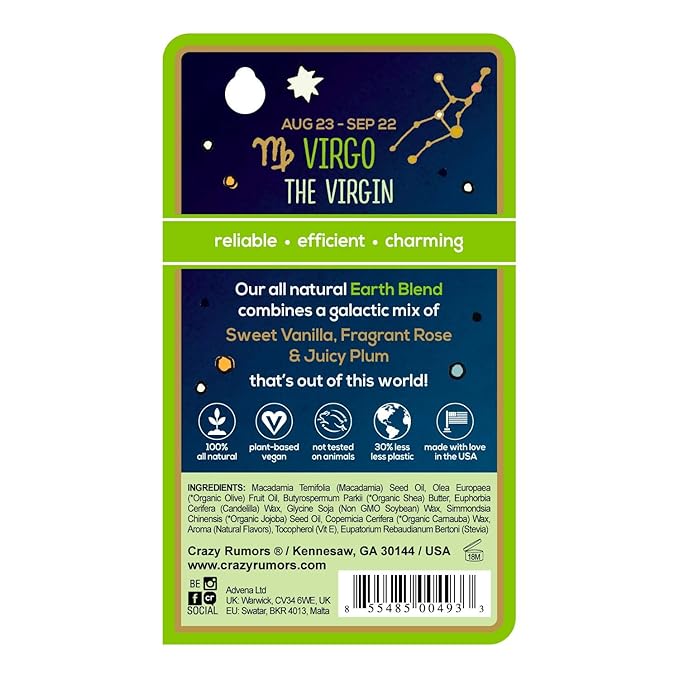 Crazy Rumors Virgo Zodiac All Natural, Plant Based Lip Balm to Moisturize and Nourish your Lips - Earth Blend (Sweet Vanilla, Fragrant Rose and Plum)-VivaGrace Women