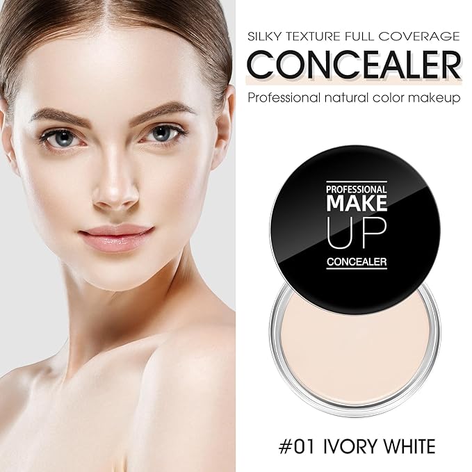 Cream Concealer Full Coverage Makeup, Matte Color Correcting Concealer with Brush, Waterproof, Conceals Blemish, Pores and Spots, Under Eye Makeup Concealer for Dark Circles (#01 IVORY WHITE)-VivaGrace Women